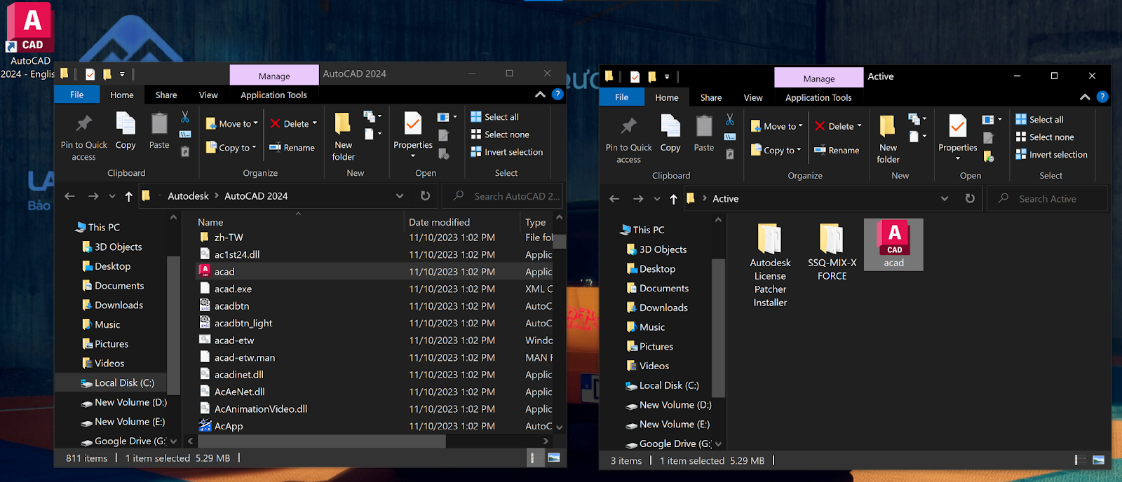 Copy file acad (bên phải) vào thư mục cài đặt AutoCad 2024 (bên trái)